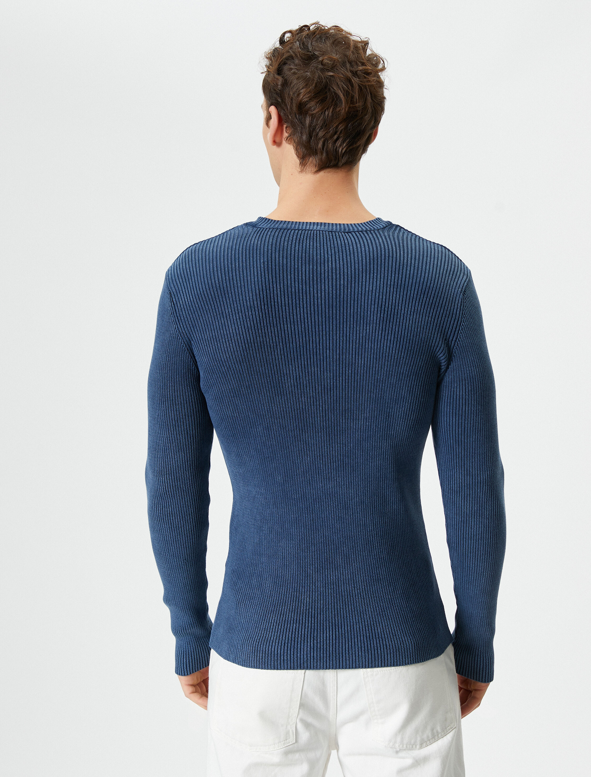   Yıkamalı Triko Kazak Bisiklet Yaka Dokulu Pamuklu