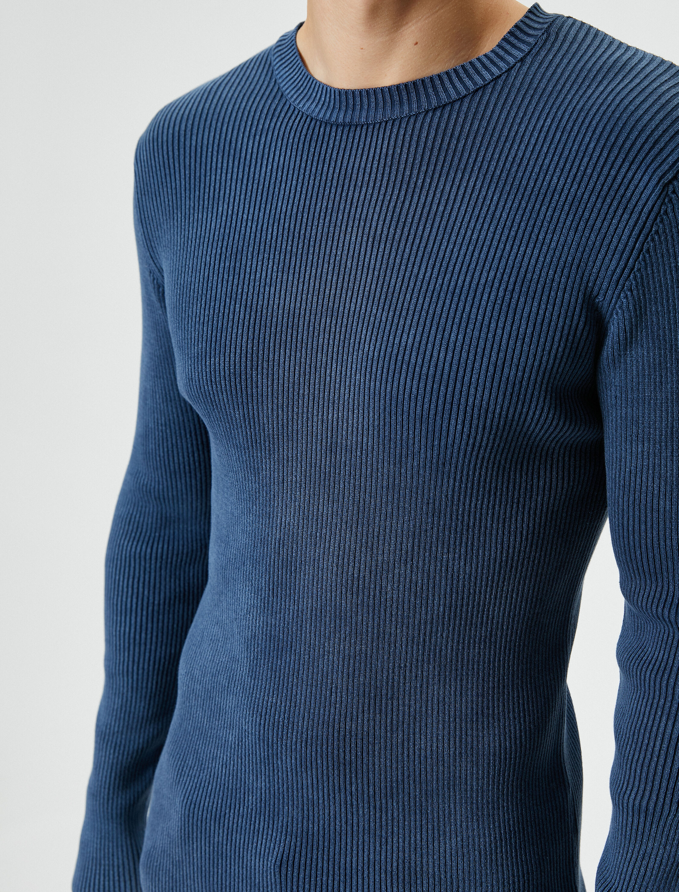   Yıkamalı Triko Kazak Bisiklet Yaka Dokulu Pamuklu