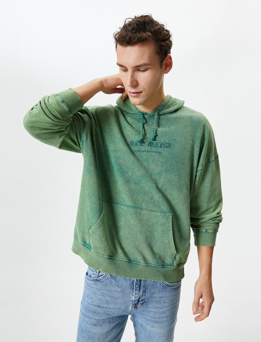   Yıkamalı Hoodie Slogan İşlemeli Kanguru Cepli Rahat Kesim Şardonlu