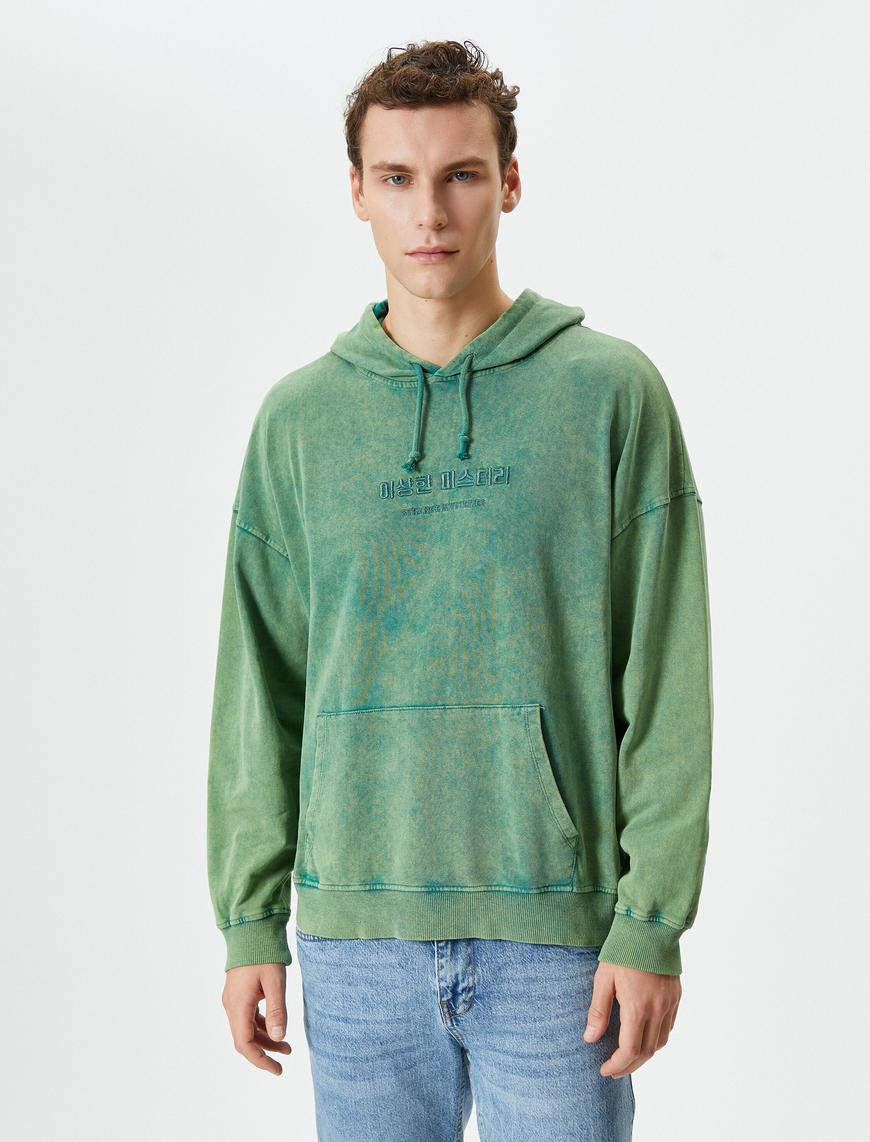   Yıkamalı Hoodie Slogan İşlemeli Kanguru Cepli Rahat Kesim Şardonlu