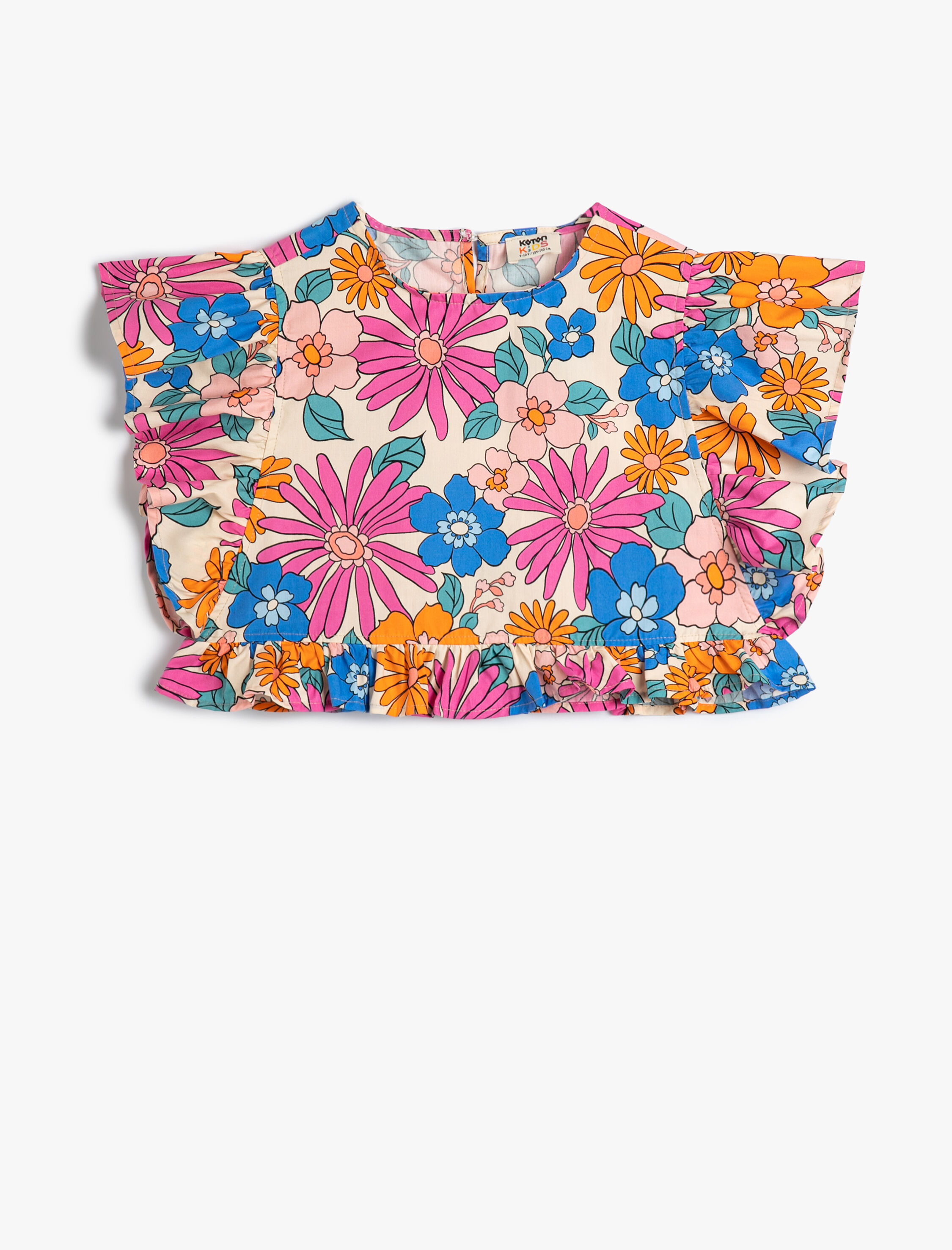  Kız Çocuk Crop Bluz Fırfır Detaylı Bisiklet Yaka Pamuklu