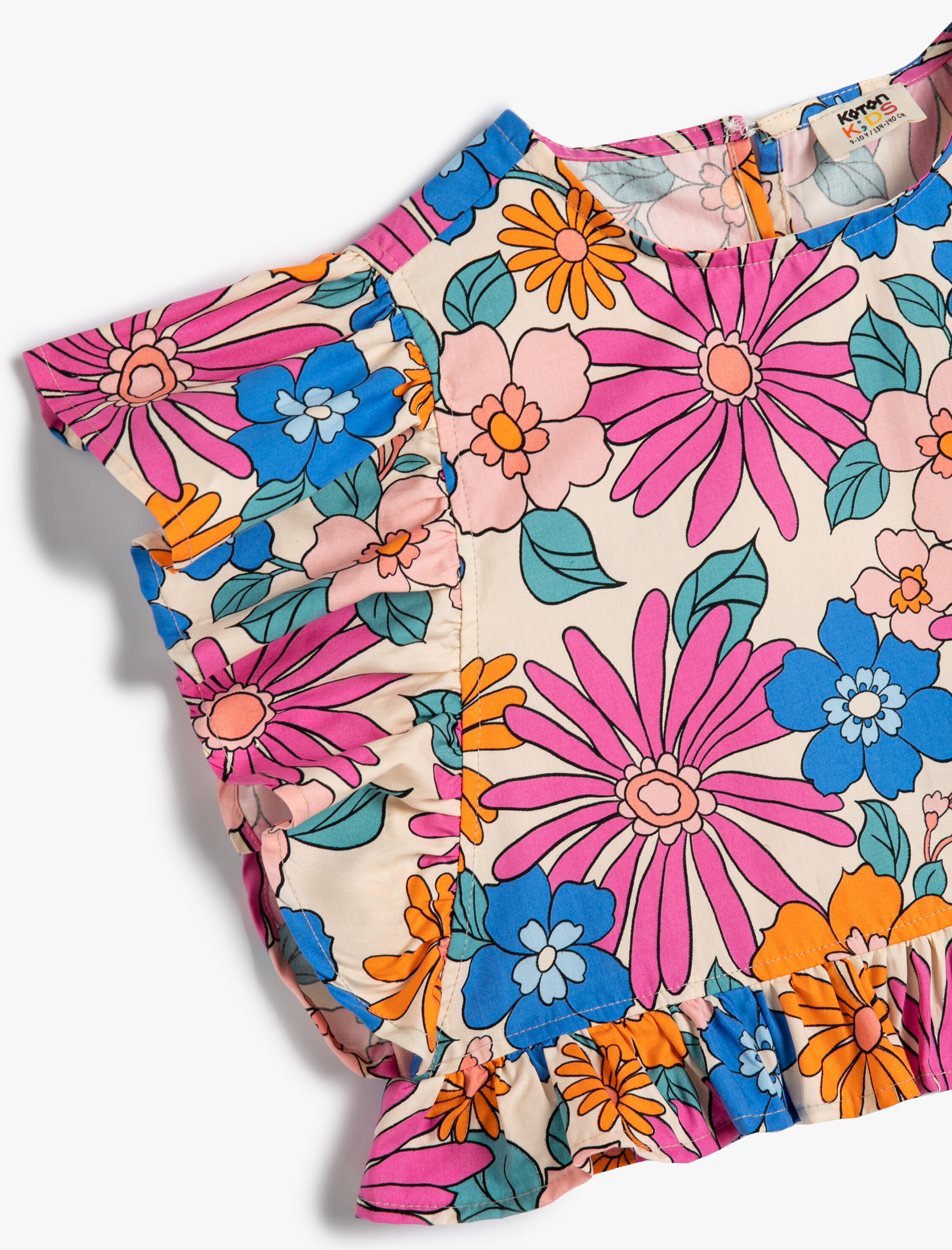  Kız Çocuk Crop Bluz Fırfır Detaylı Bisiklet Yaka Pamuklu