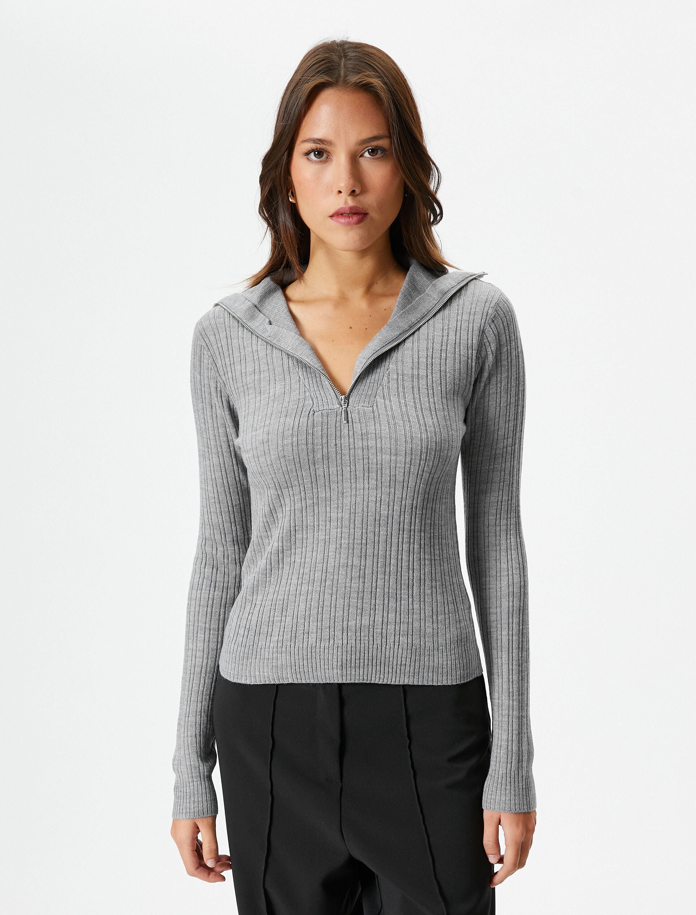   Triko Kazak Yarım Fermuarlı Geniş Yaka Fitilli  Kaşmir Dokulu