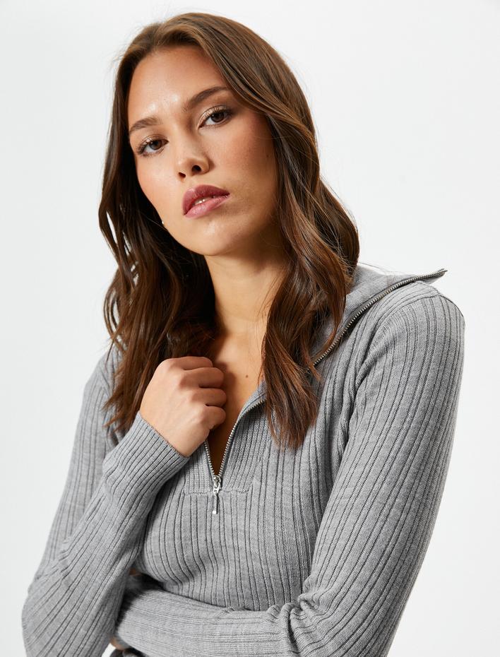  Triko Kazak Yarım Fermuarlı Geniş Yaka Fitilli  Kaşmir Dokulu