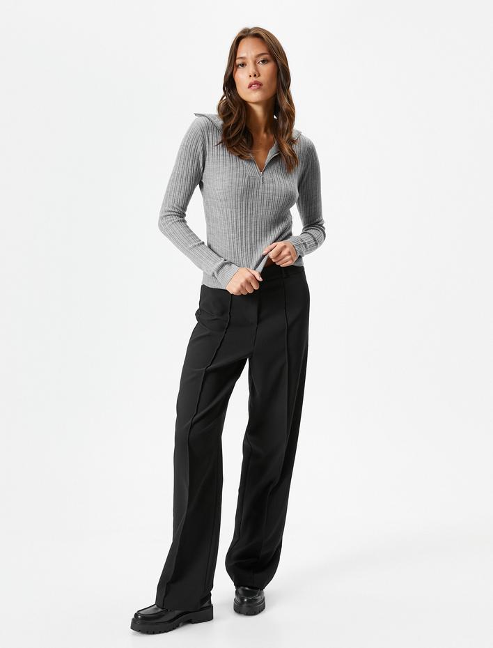  Triko Kazak Yarım Fermuarlı Geniş Yaka Fitilli  Kaşmir Dokulu