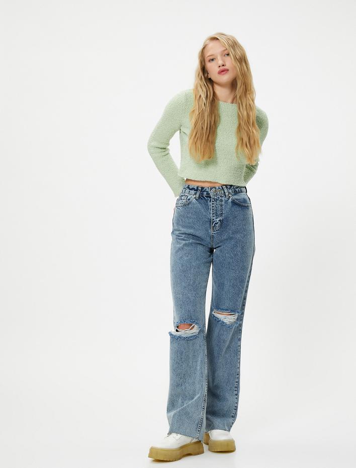  Basic Peluş Crop Kazak Uzun Kollu Yuvarlak Yaka