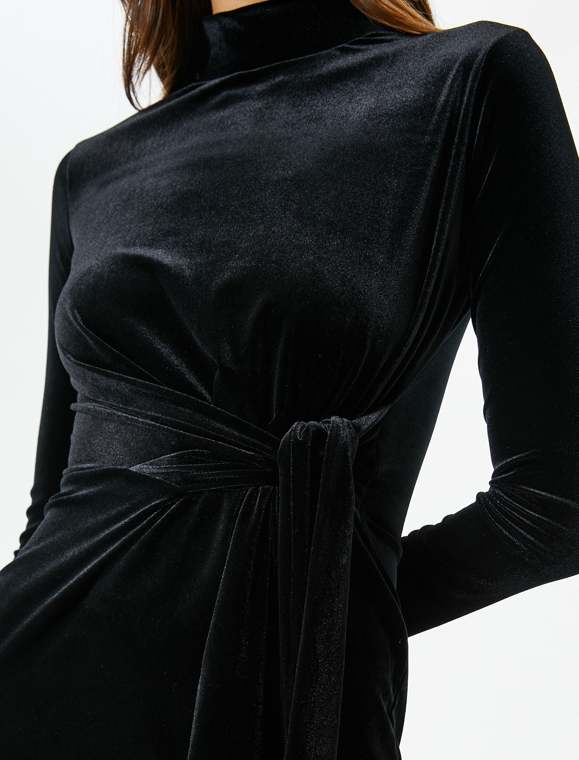   Mini Kadife Elbise Uzun Kollu Dik Yaka Beli Bağlamalı