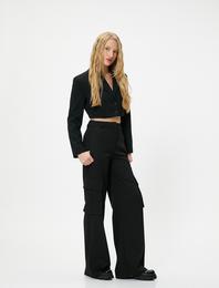 Crop Ceket Ters Kruvaze Yaka Düğme Kapamalı Slim Fit Zincir Detaylı