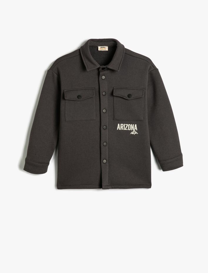 Erkek Çocuk Gömlek Yaka Sweatshirt Kapaklı Cepli İşleme Detaylı Şardonlu