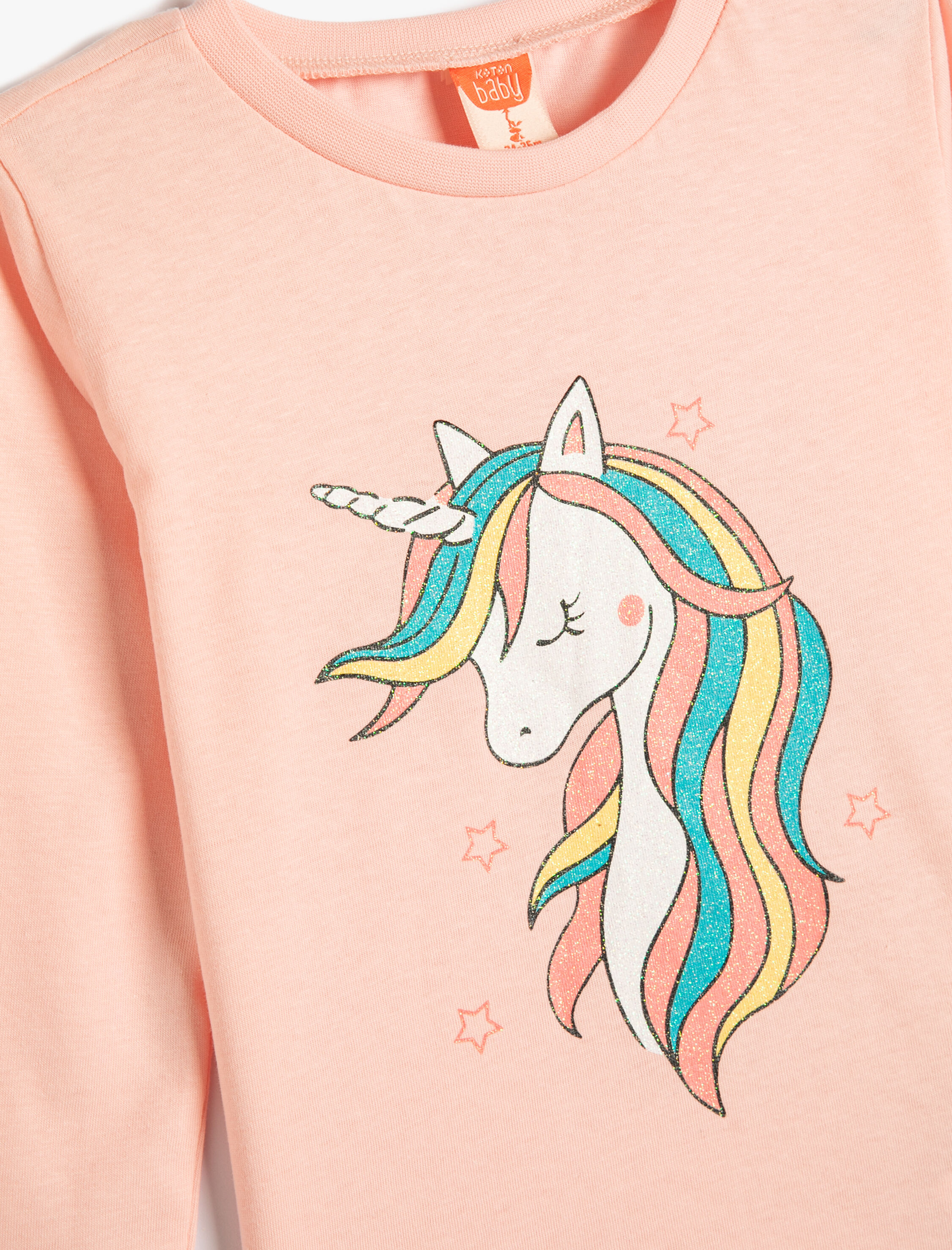  Kız Bebek Tişört Uzun Kollu Bisiklet Yaka Unicorn Baskılı Pamuklu