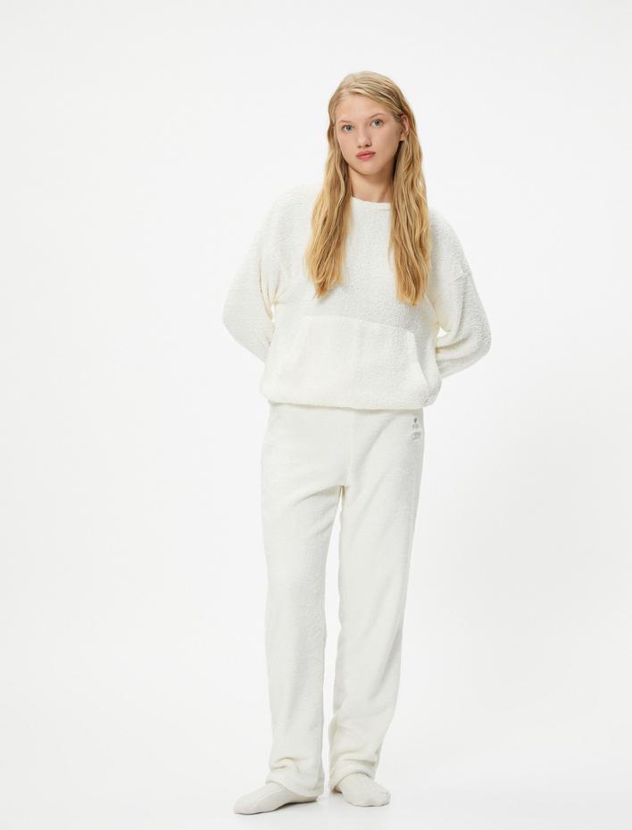  Polar Pijama Altı Nakışlı Düz Paça Beli Lastikli