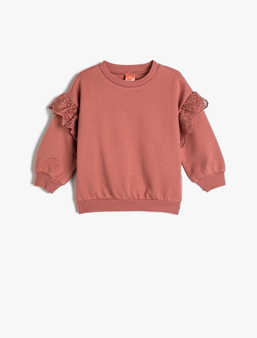  Kız Bebek Basic Sweatshirt Fırfırlı Uzun Kollu Bisiklet Yaka Şardonlu Pamuklu