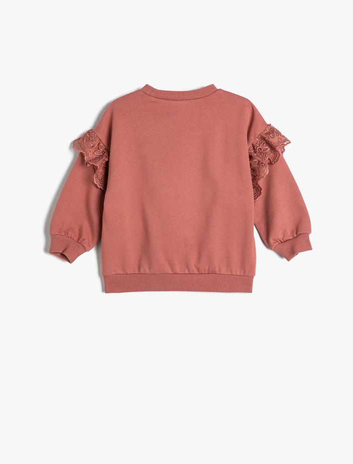 Kız Bebek Basic Sweatshirt Fırfırlı Uzun Kollu Bisiklet Yaka Şardonlu Pamuklu