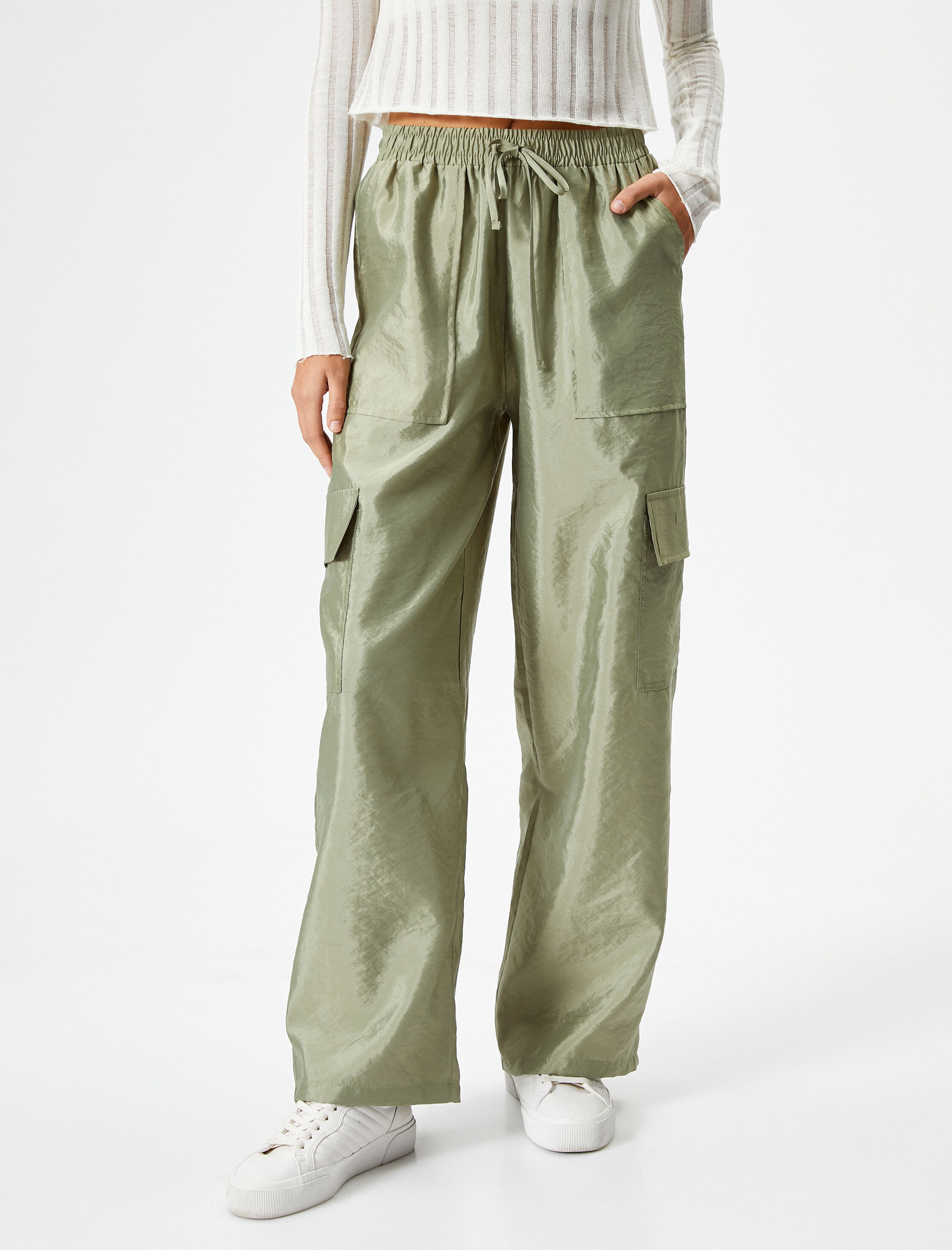   Paraşüt Pantolon Düz Paça Kargo Cepli Beli Bağcıklı