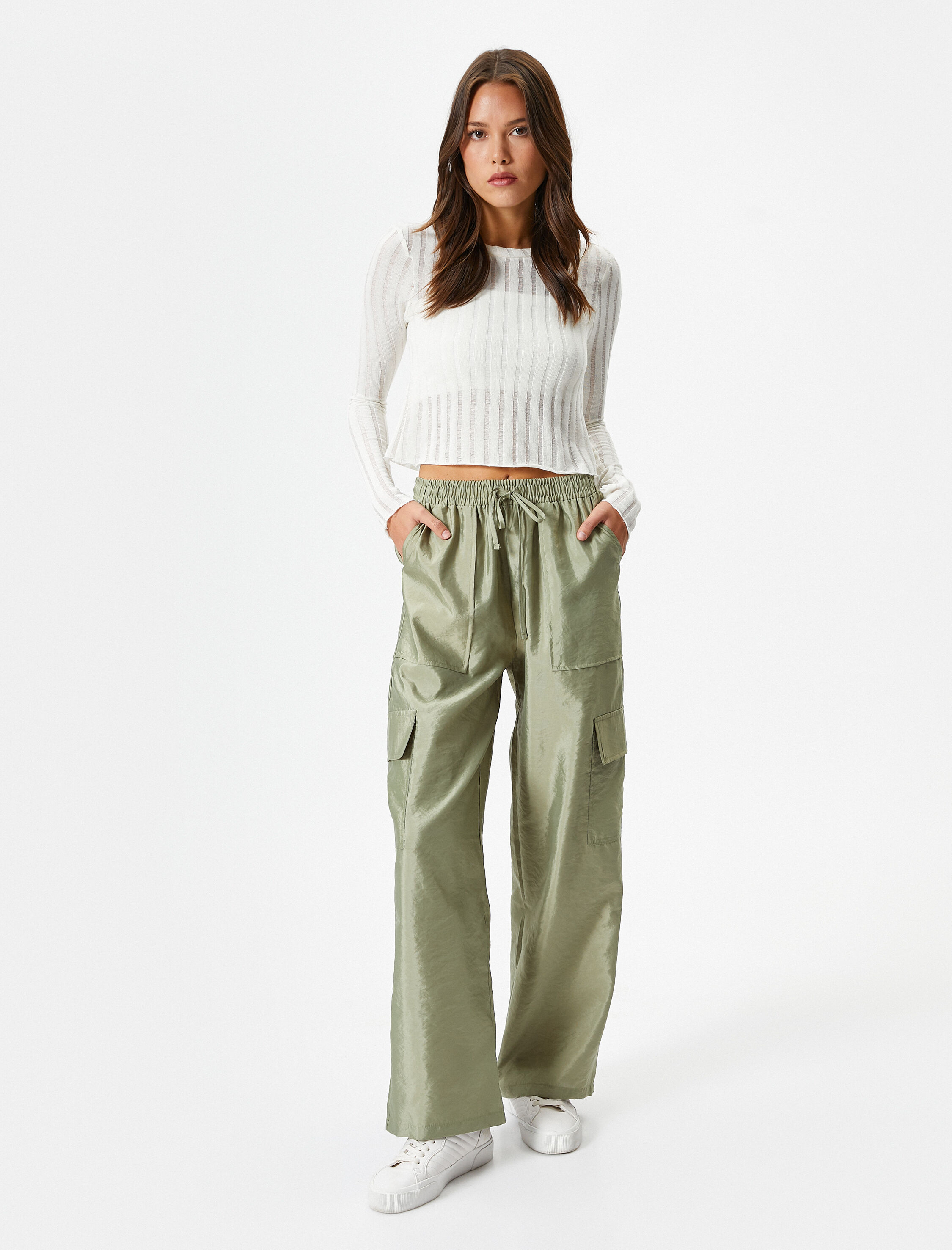   Paraşüt Pantolon Düz Paça Kargo Cepli Beli Bağcıklı