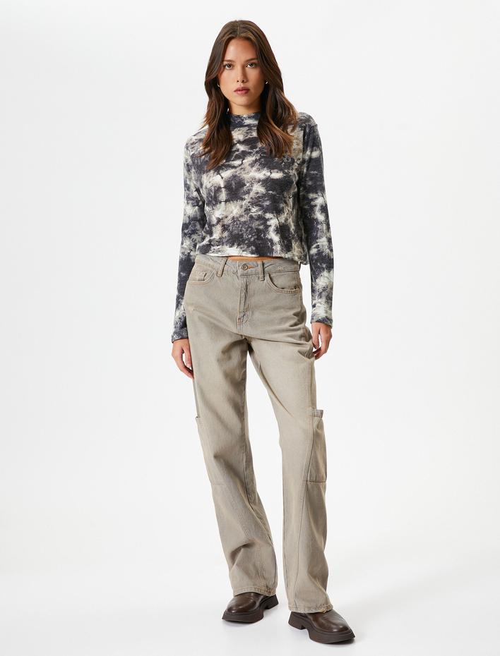  Uzun Kollu Tişört Batik Desenli Dik Yaka Slim Fit