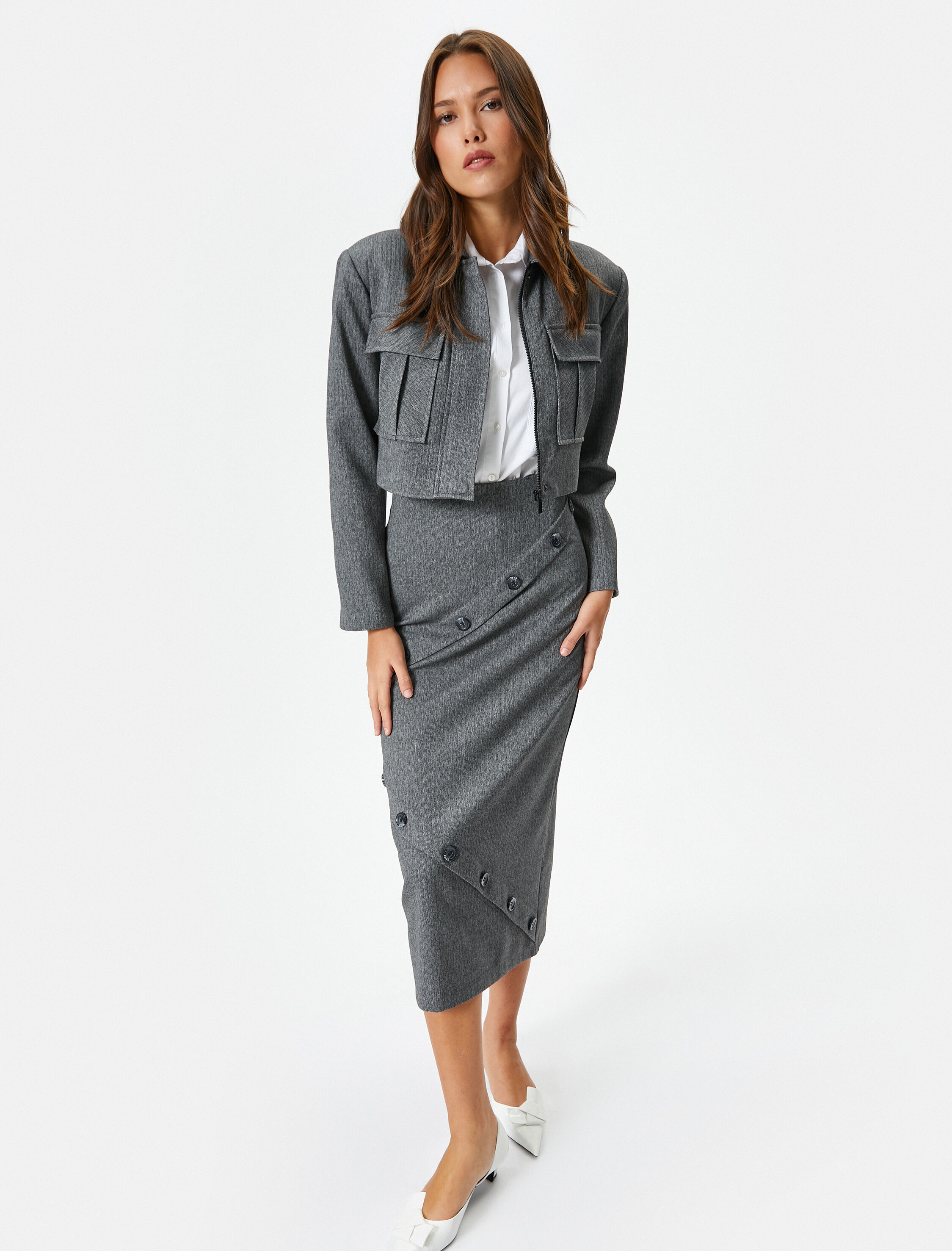   Midi Kalem Etek Düğme Detaylı Normal Bel