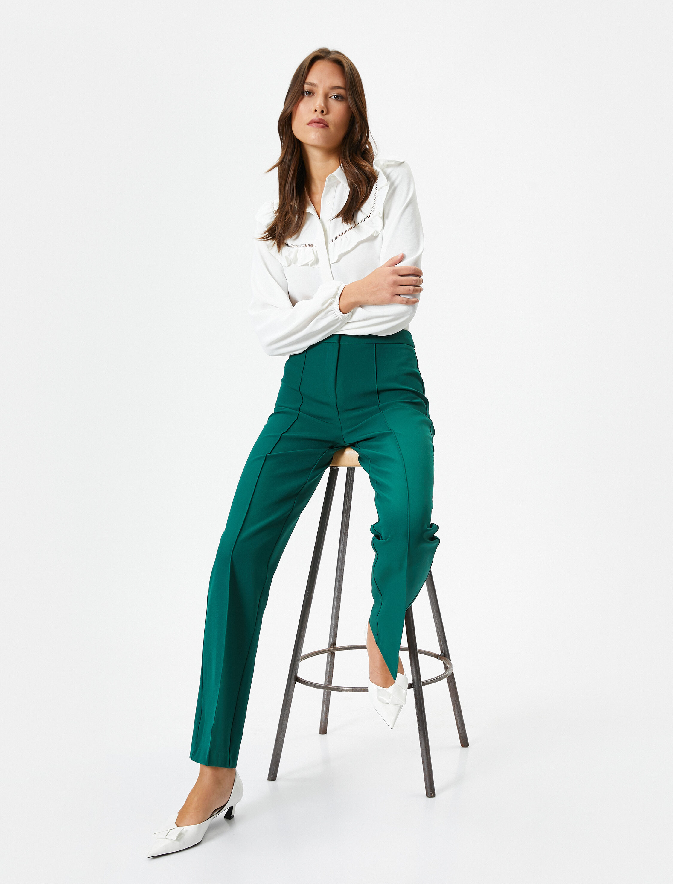   Melis Ağazat X Koton - Yüksek Bel Nervürlü Kumaş Pantolon