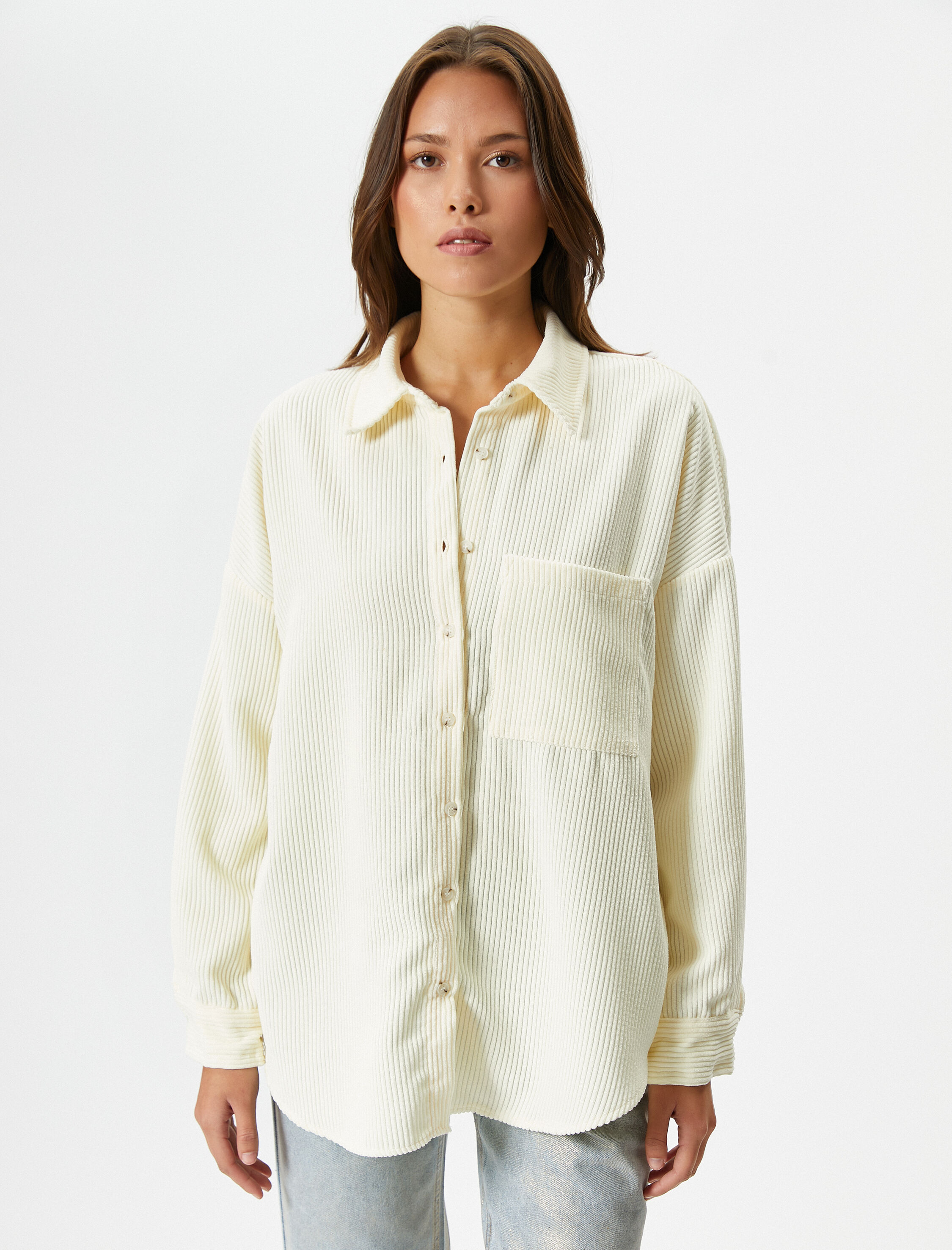   Kadife Gömlek Fitilli Düğmeli Cep Detaylı Regular Fit