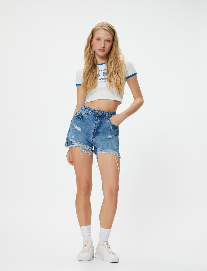  Kot Şort Çok Yıpratmalı Rahat Kalıp Saçaklı Paça Cepli Pamuklu