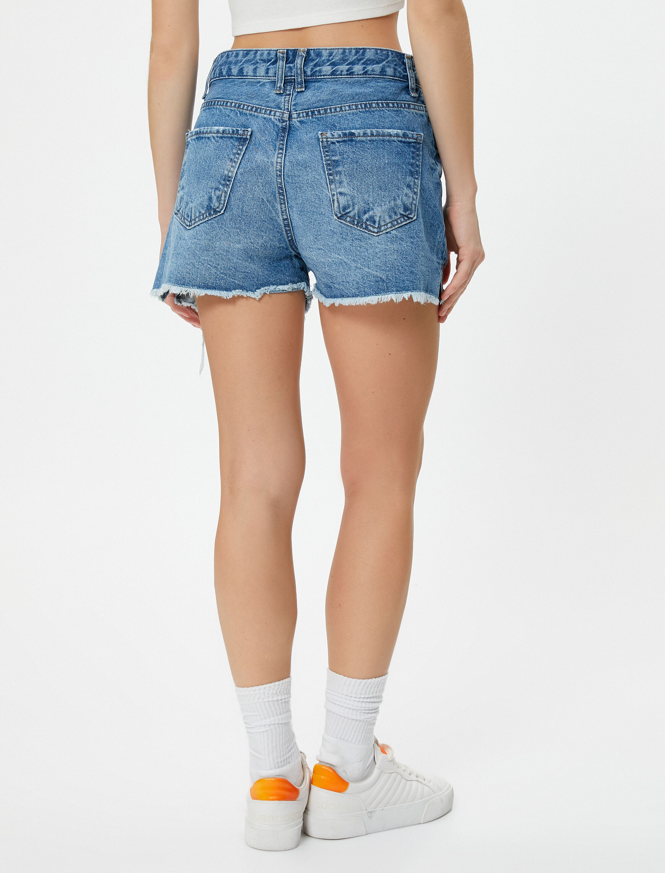   Kot Şort Çok Yıpratmalı Rahat Kalıp Saçaklı Paça Cepli Pamuklu