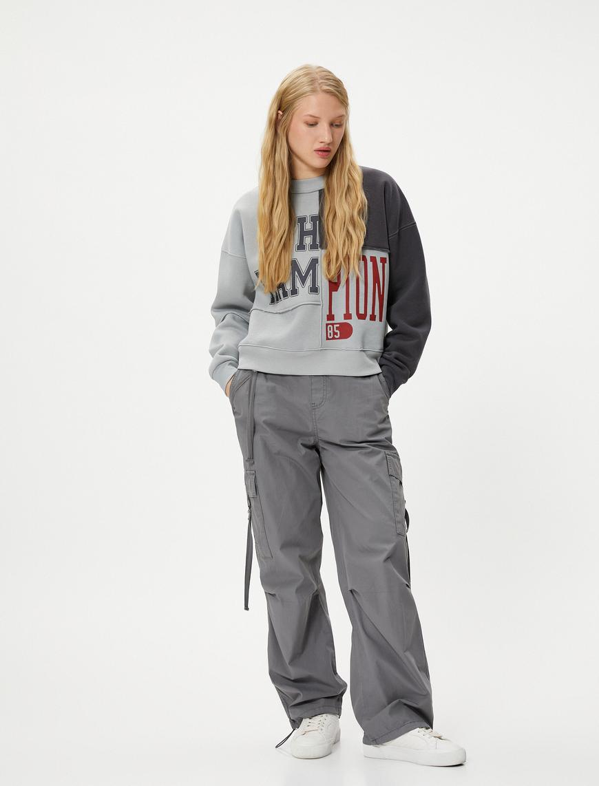   Şardonlu Kolej Sweatshirt Baskılı Parçalı Dikiş Detaylı Uzun Kollu Bisiklet Yaka Pamuklu