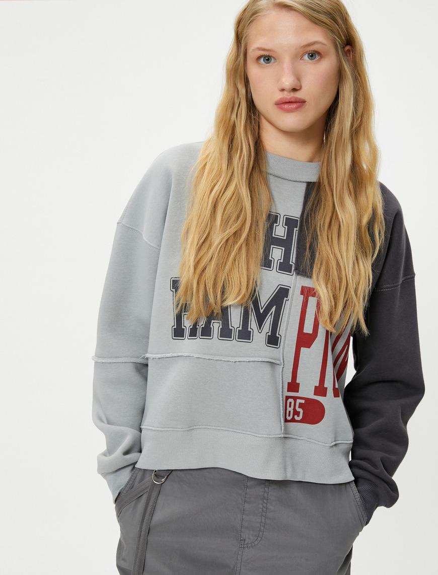   Şardonlu Kolej Sweatshirt Baskılı Parçalı Dikiş Detaylı Uzun Kollu Bisiklet Yaka Pamuklu