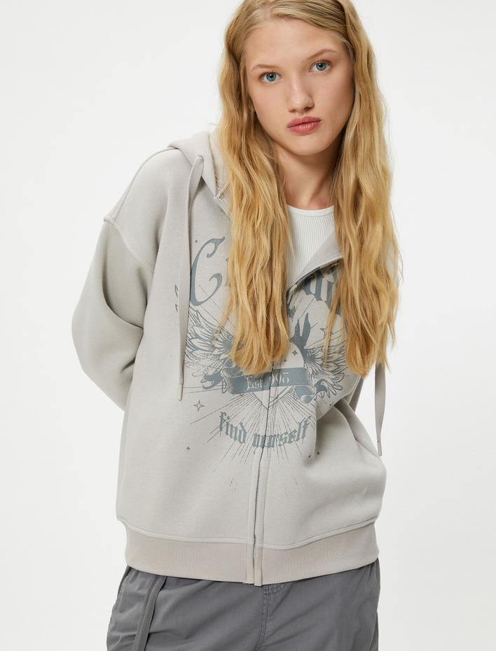  Şardonlu Fermuarlı Sweatshirt Kapüşonlu Baskılı Kanguru Cepli