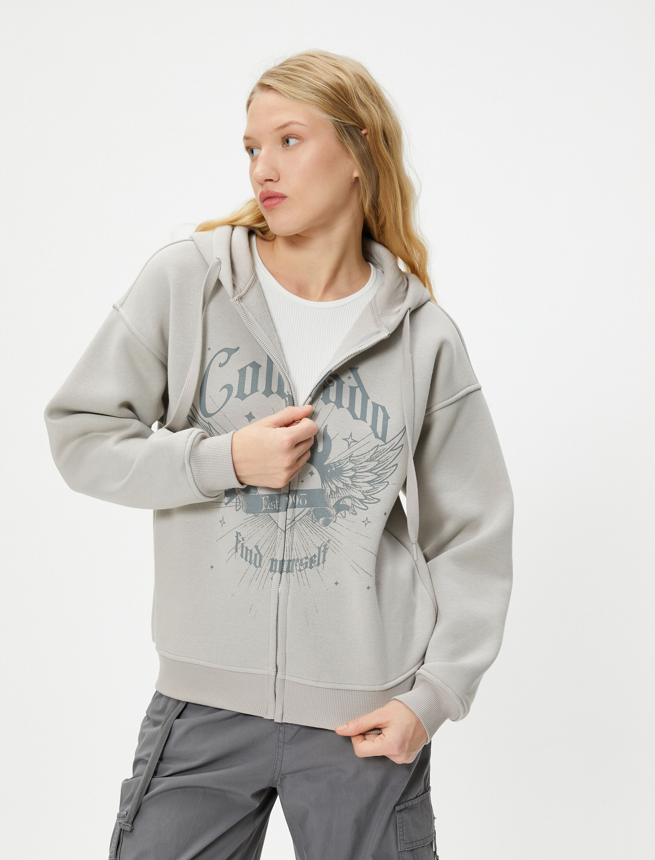   Şardonlu Fermuarlı Sweatshirt Kapüşonlu Baskılı Kanguru Cepli