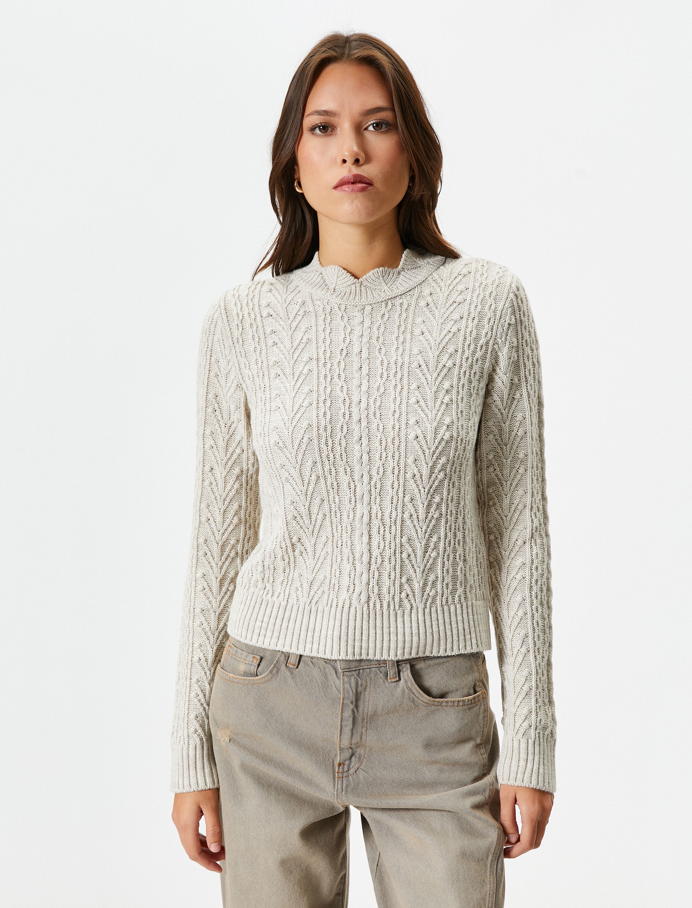   Bisiklet Yaka Kazak Saç Örgüsü Desenli Slim Fit