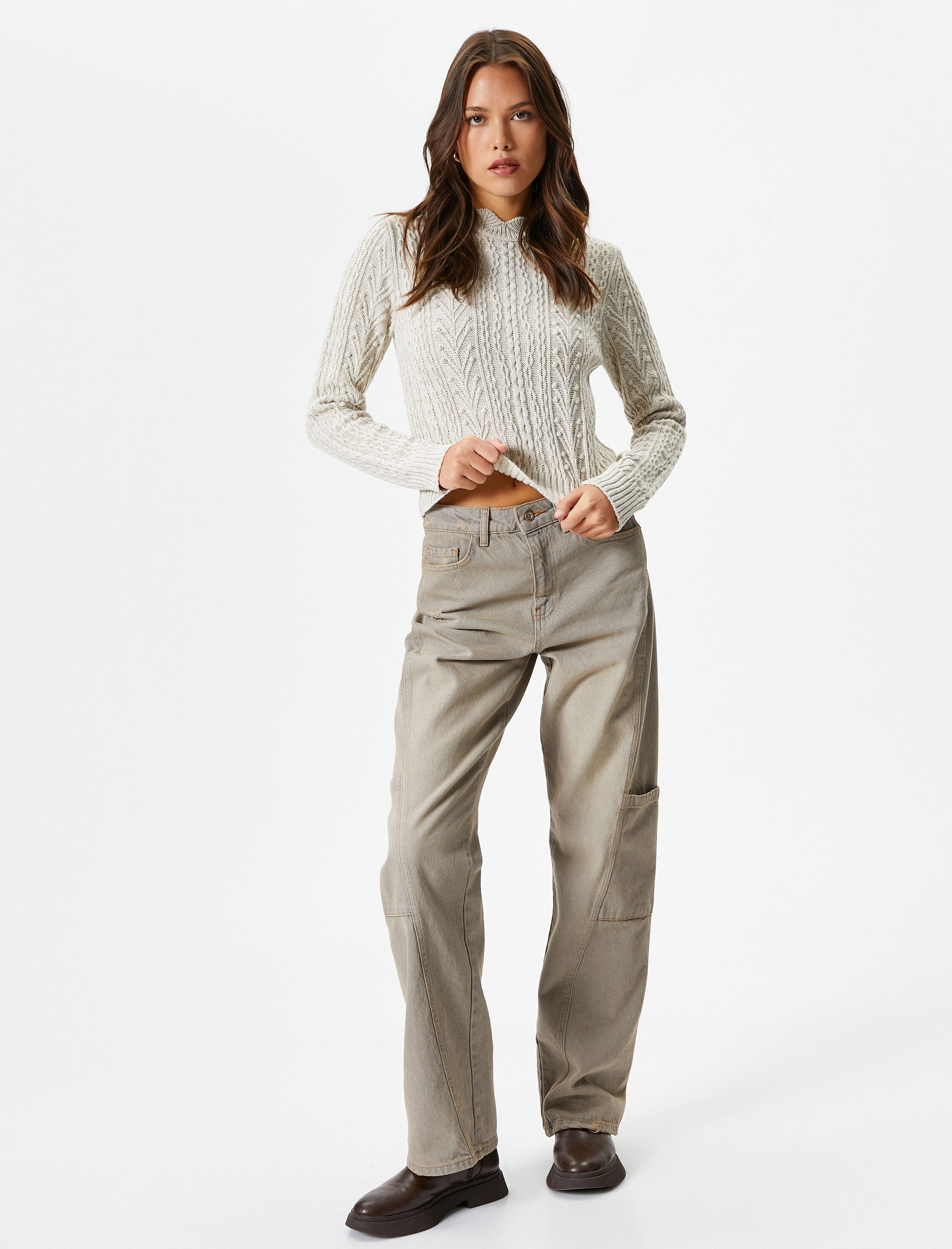   Bisiklet Yaka Kazak Saç Örgüsü Desenli Slim Fit