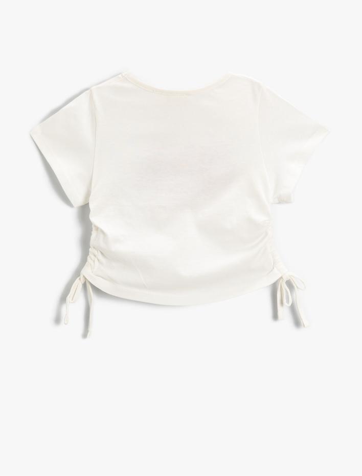 Kız Çocuk Baskılı Crop Tişört Yanları Büzgülü Kısa Kollu Pamuklu
