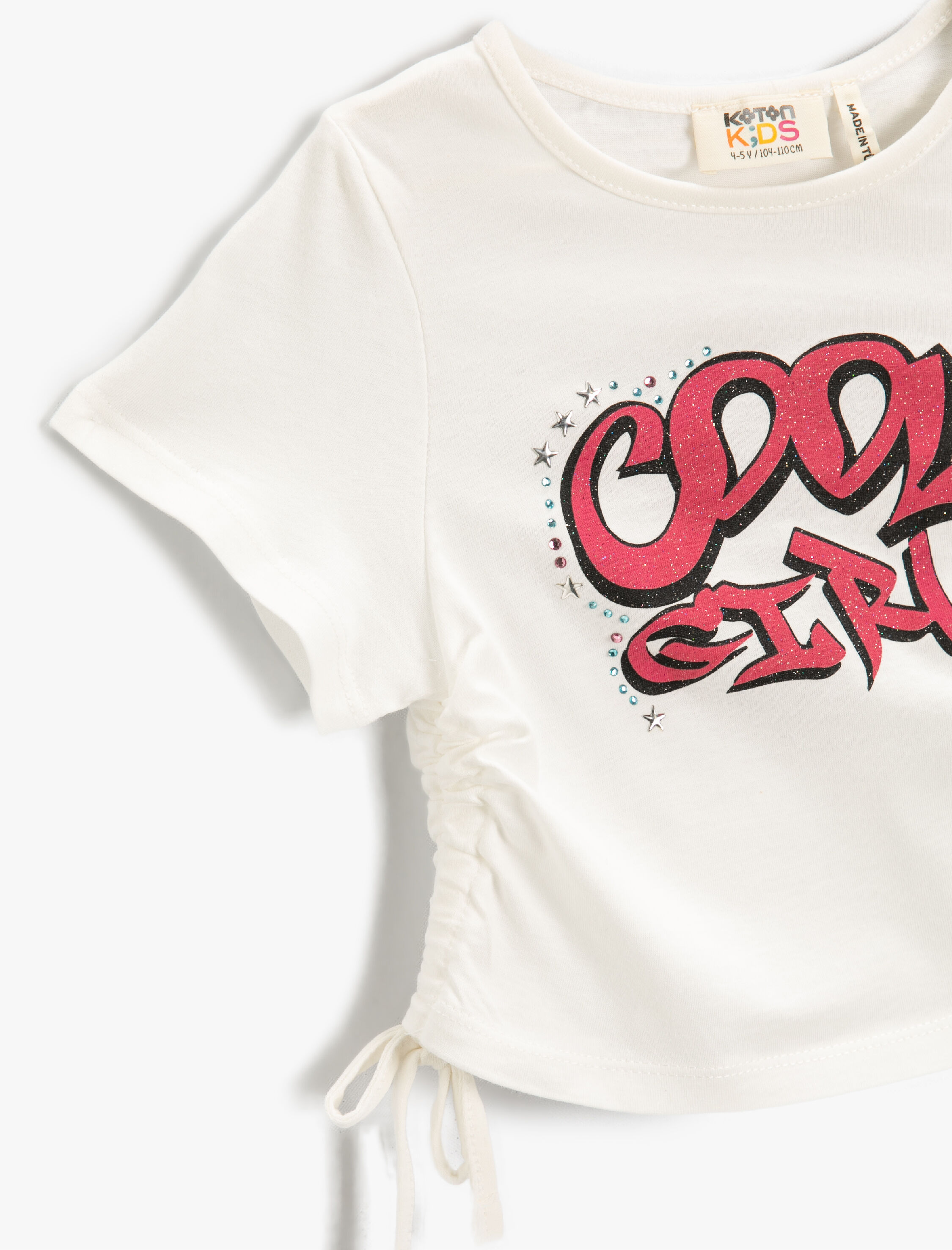  Kız Çocuk Baskılı Crop Tişört Yanları Büzgülü Kısa Kollu Pamuklu