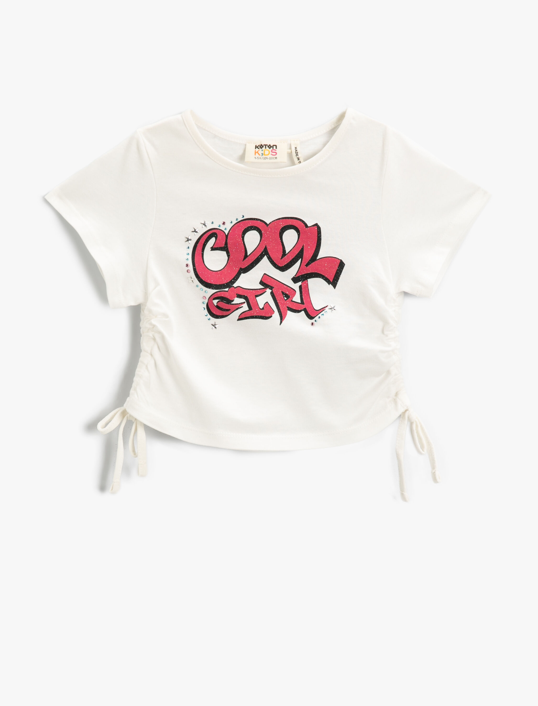  Kız Çocuk Baskılı Crop Tişört Yanları Büzgülü Kısa Kollu Pamuklu