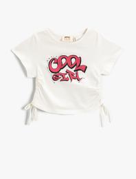 Baskılı Crop Tişört Yanları Büzgülü Kısa Kollu Pamuklu