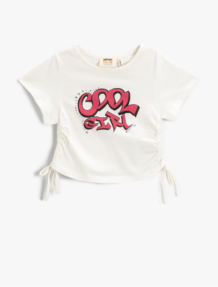 Kız Çocuk Baskılı Crop Tişört Yanları Büzgülü Kısa Kollu Pamuklu