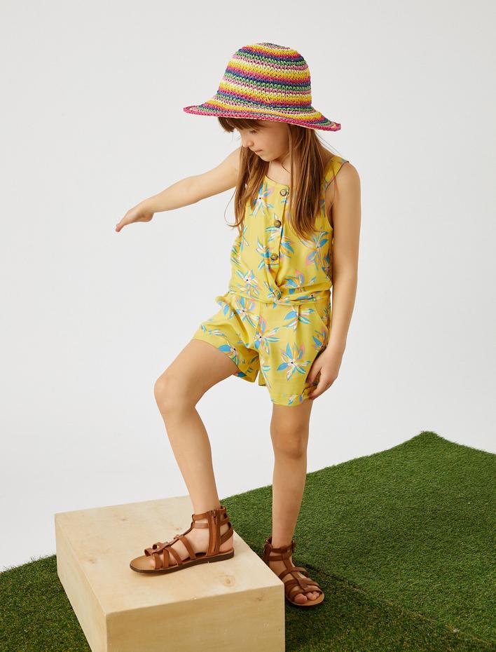 Kız Çocuk Piliseli Çiçekli Şort Cep Detaylı