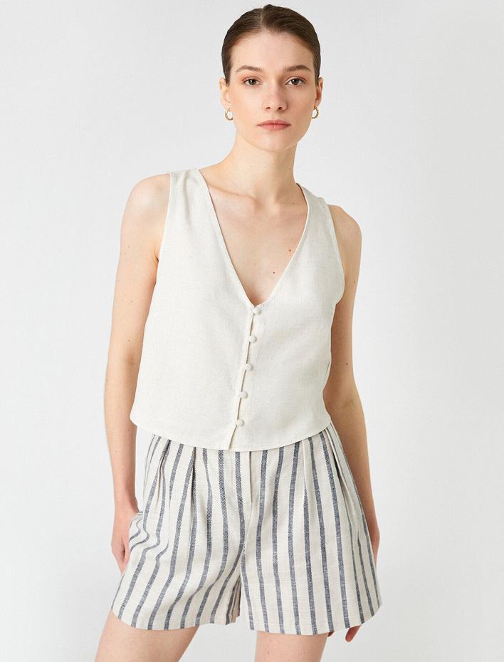  Düğmeli Yelek V Yaka Keten Karışımlı