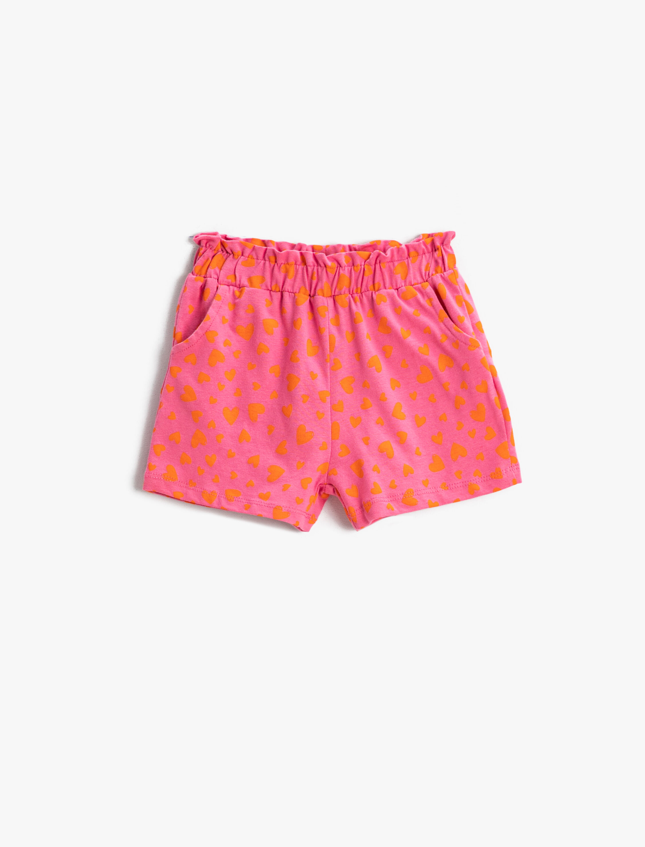  Kız Bebek Kalp Desenli Şort Beli Lastikli Cepli Diz Üstü Pamuklu
