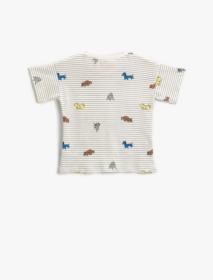 Erkek Bebek Baskılı Çizgili Tişört Kısa Kollu Bisiklet Yaka Pamuklu