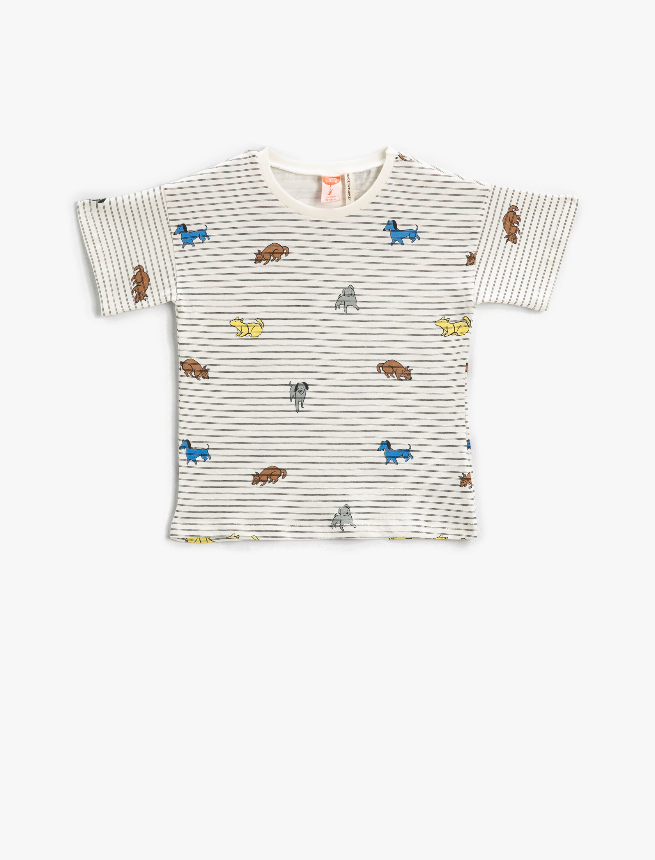  Erkek Bebek Baskılı Çizgili Tişört Kısa Kollu Bisiklet Yaka Pamuklu