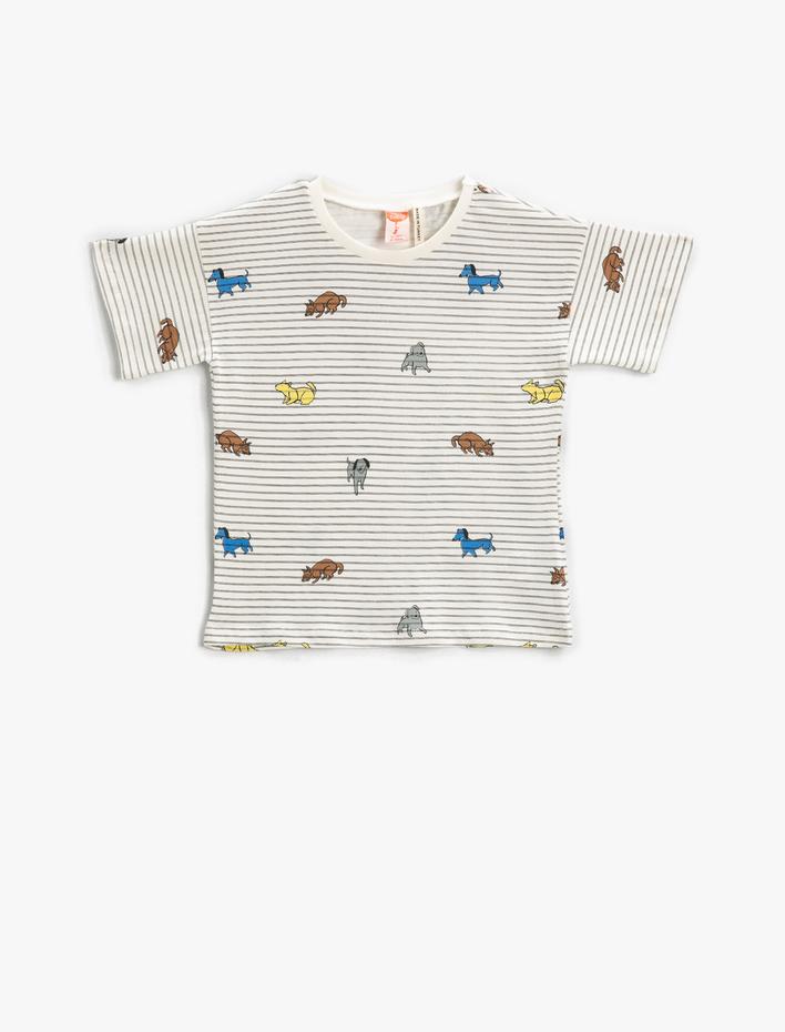 Erkek Bebek Baskılı Çizgili Tişört Kısa Kollu Bisiklet Yaka Pamuklu