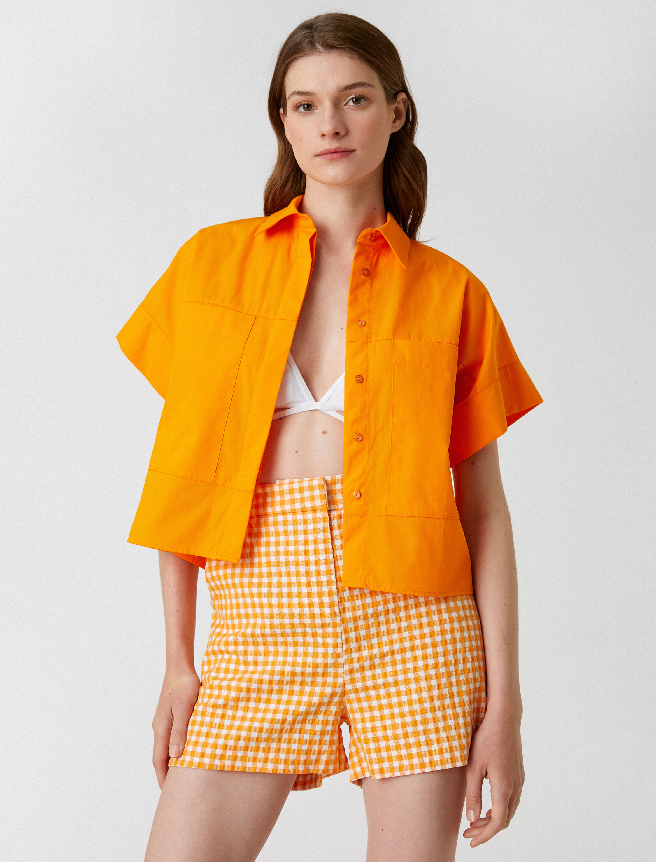   Oversize Crop Poplin Gömlek Kısa Kollu