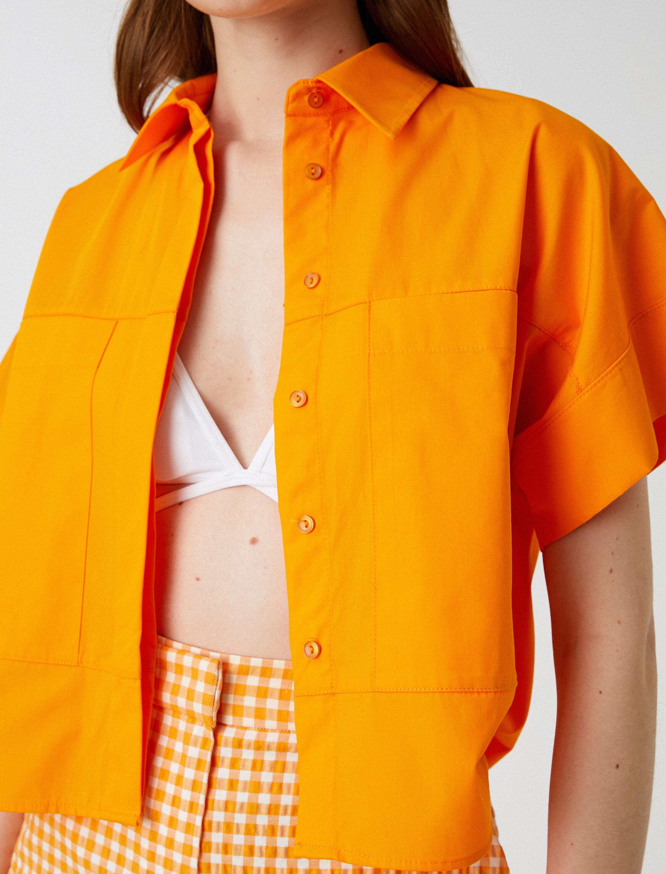   Oversize Crop Poplin Gömlek Kısa Kollu