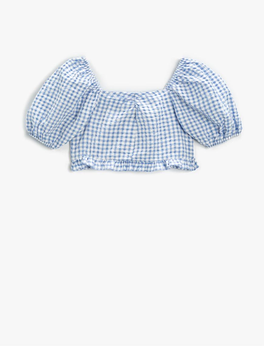  Kız Çocuk Crop Bluz Kareli Kısa Balon Kollu