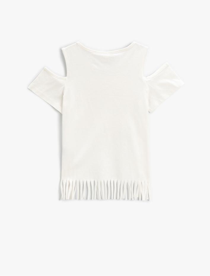 Kız Çocuk Püsküllü Baskılı Tişört Pencere Detaylı Pamuklu