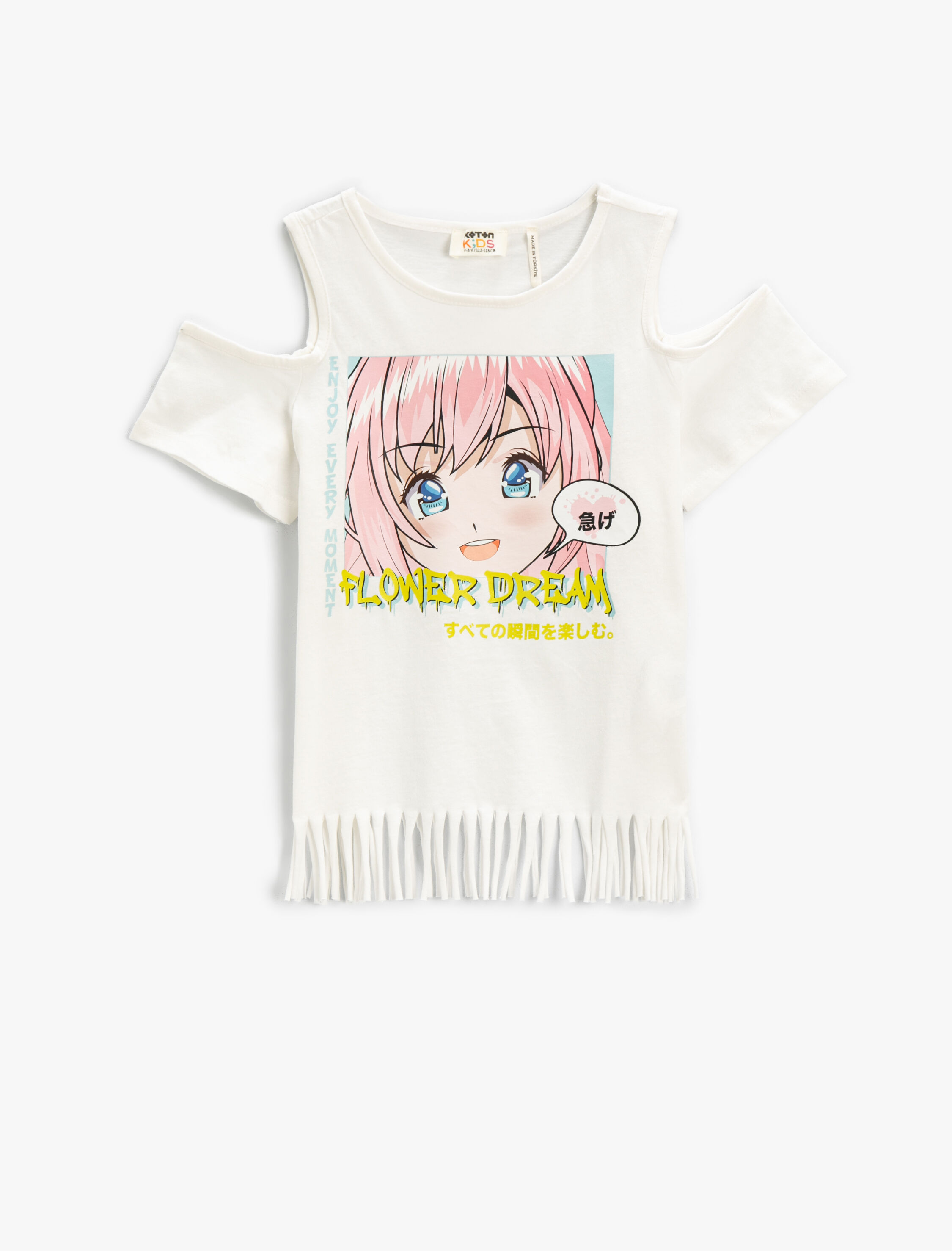  Kız Çocuk Püsküllü Baskılı Tişört Pencere Detaylı Pamuklu