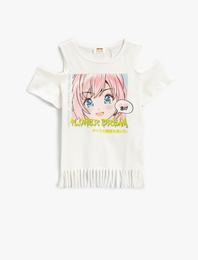 Püsküllü Baskılı Tişört Pencere Detaylı Pamuklu