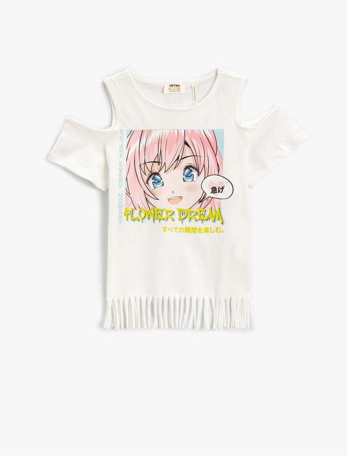 Kız Çocuk Püsküllü Baskılı Tişört Pencere Detaylı Pamuklu