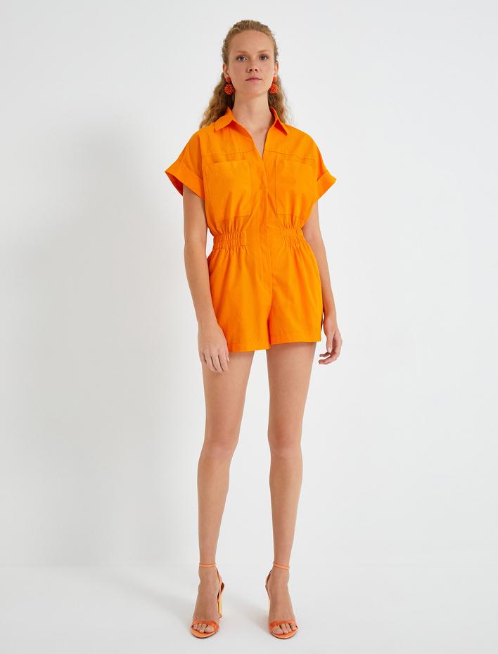  Şortlu Poplin Tulum Kısa Kollu Cepli Pamuklu
